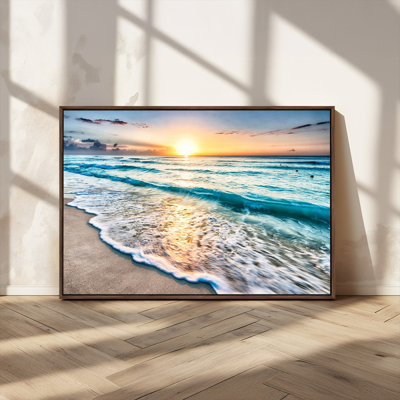 27815-MGV-CV-36X24-Ocean Sunrise Beach Wall Art – Serene Coastal Canvas Print with Waves and Golden Morning Light, Relaxing Seascape Decor for