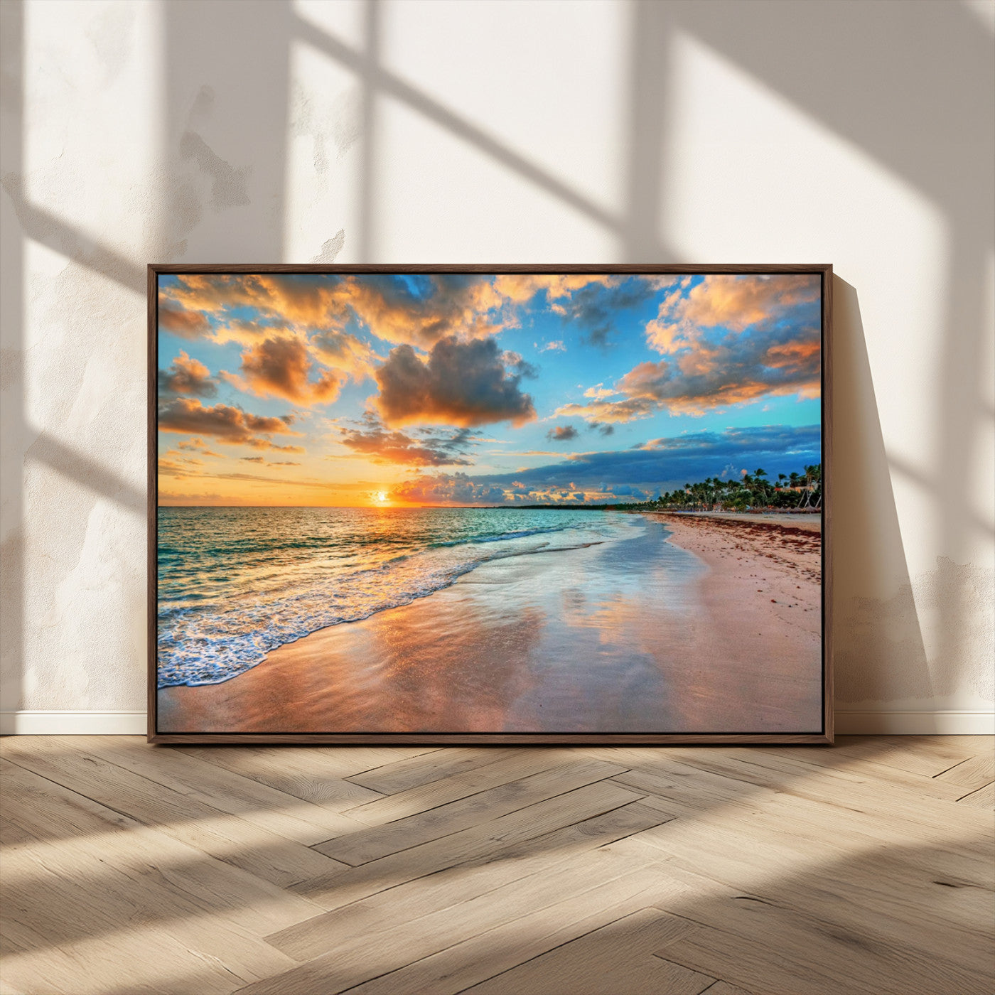 41572-MGV-CV-36X24-Sunset Beach Wall Art – Ocean Waves and Palm Trees Canvas Print, Tropical Coastal Sunset Seascape Decor for Living Room, Bedroom