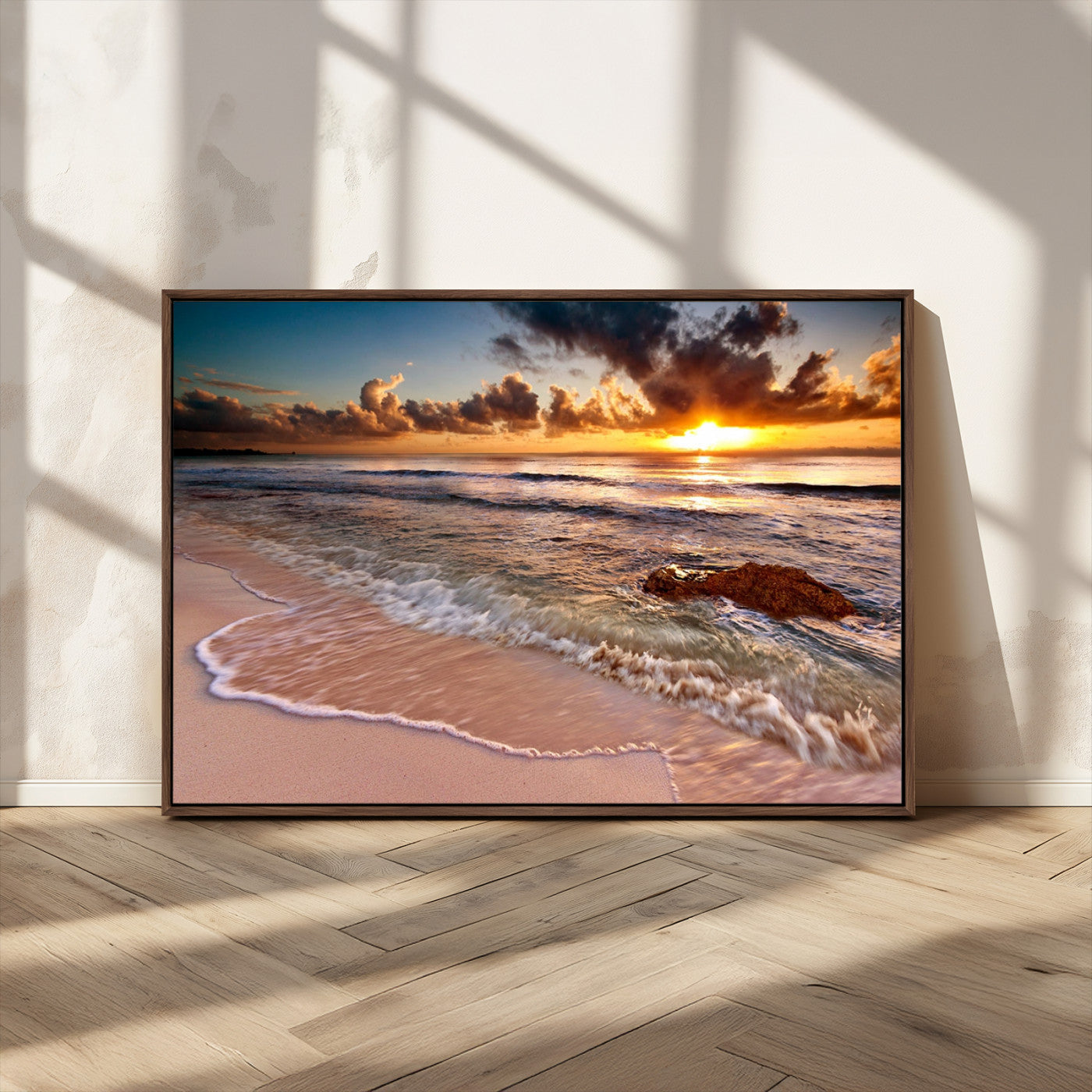80979-MGV-CV-36X24-Golden Sunrise Beach Wall Art – Ocean Waves and Sandy Shore Canvas Print, Coastal Sunset Photography Artwork for Living Room,