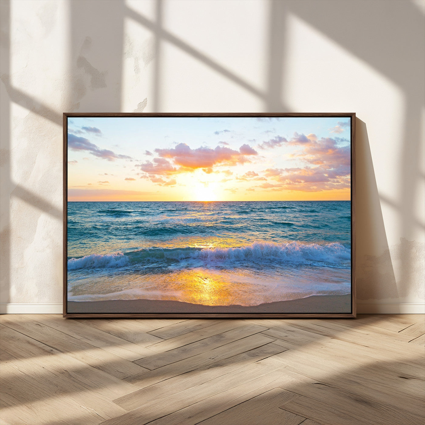 78006-MGV-CV-36X24-Golden Sunrise Ocean Wall Art – Panoramic Beach Waves Canvas Print, Coastal Seascape Artwork for Living Room, Bedroom, Office, or