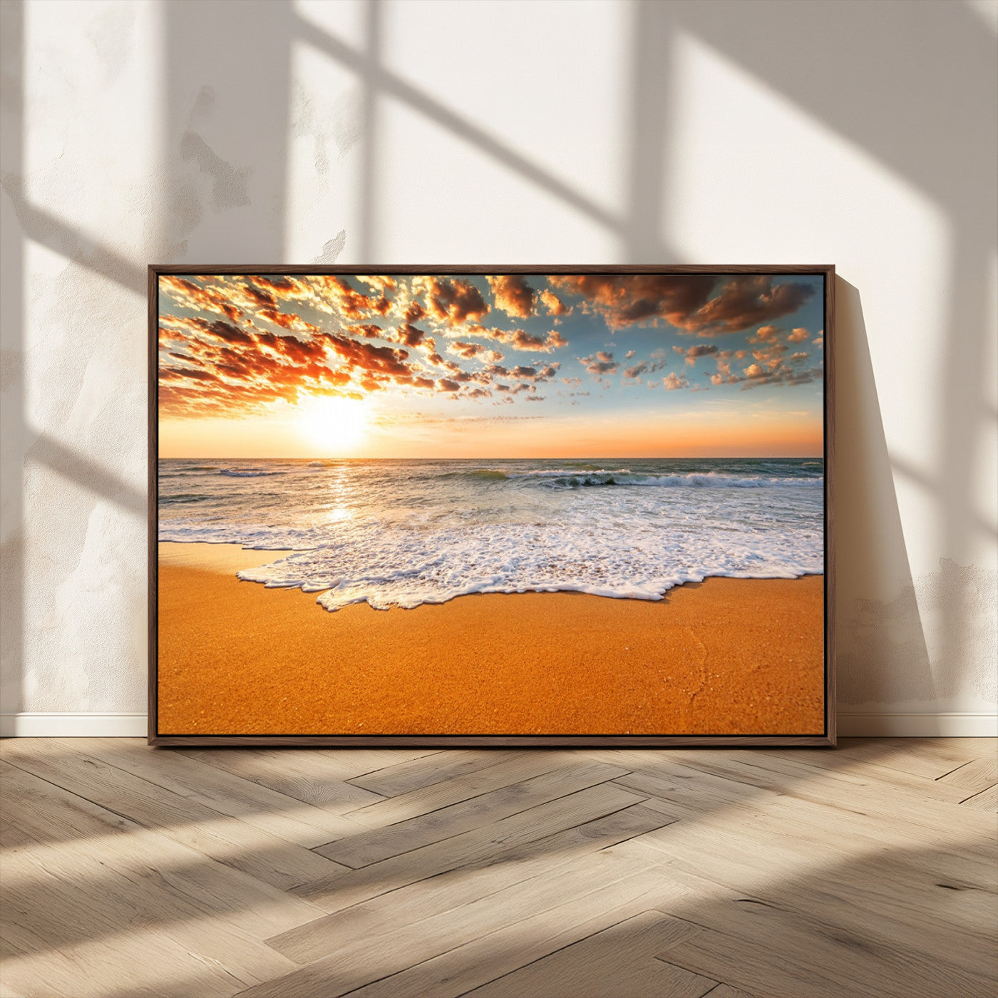 15399-MGV-CV-36X24-Golden Sunrise Beach Wall Art – Ocean Waves on Sandy Shore Canvas Print, Coastal Seascape Decor for Living Room or Bedroom