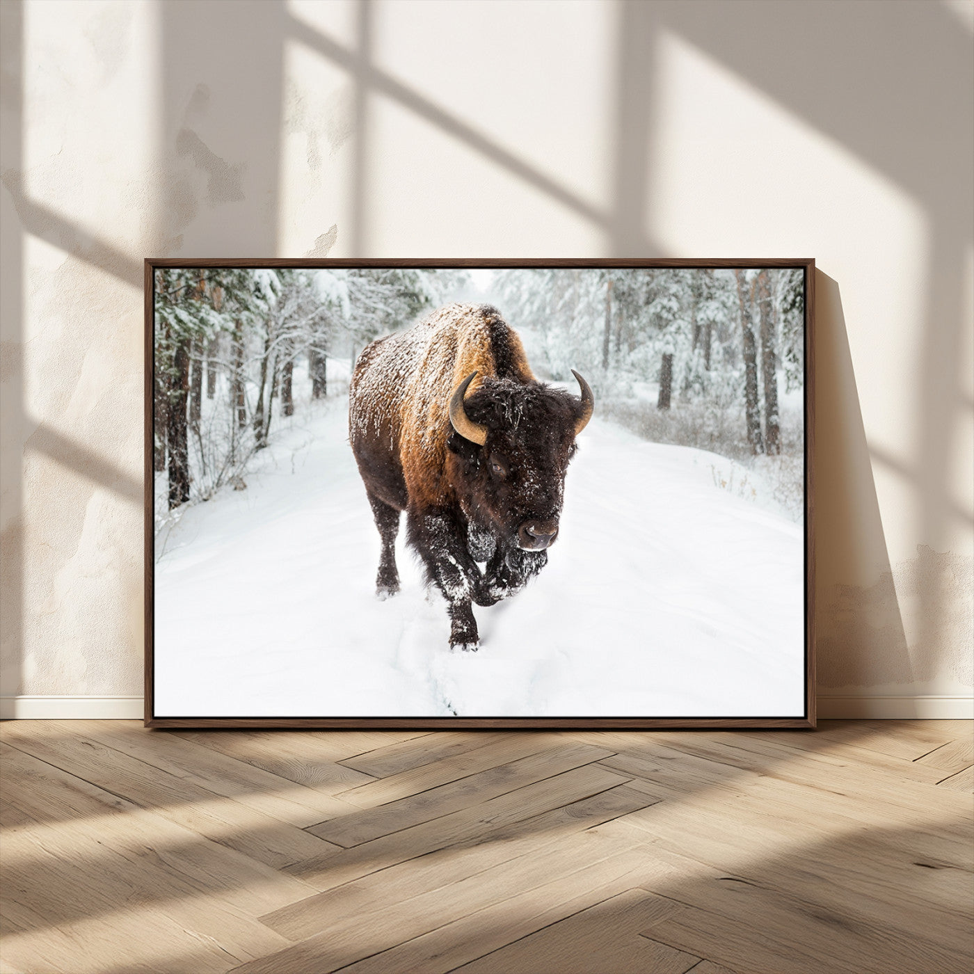 84699-MGV-CV-36X24-Bison in Winter Wall Art – Majestic Buffalo Canvas Print with Snowy Forest Landscape, Rustic Wildlife Artwork for Cabin, Living