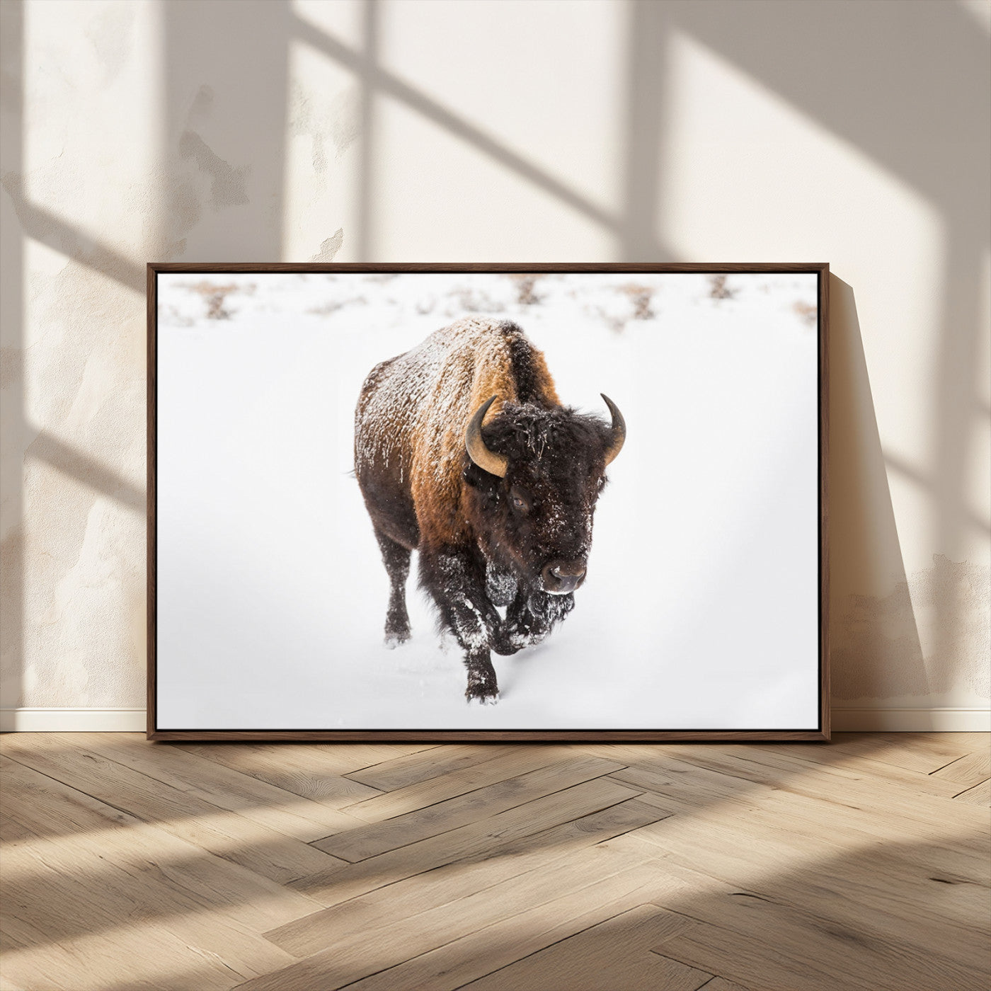 19889-MGV-CV-36X24-Snow Bison Wall Art – Majestic Buffalo Winter Landscape Canvas Print, Rustic Wildlife Photography Decor for Cabin, Lodge, Living