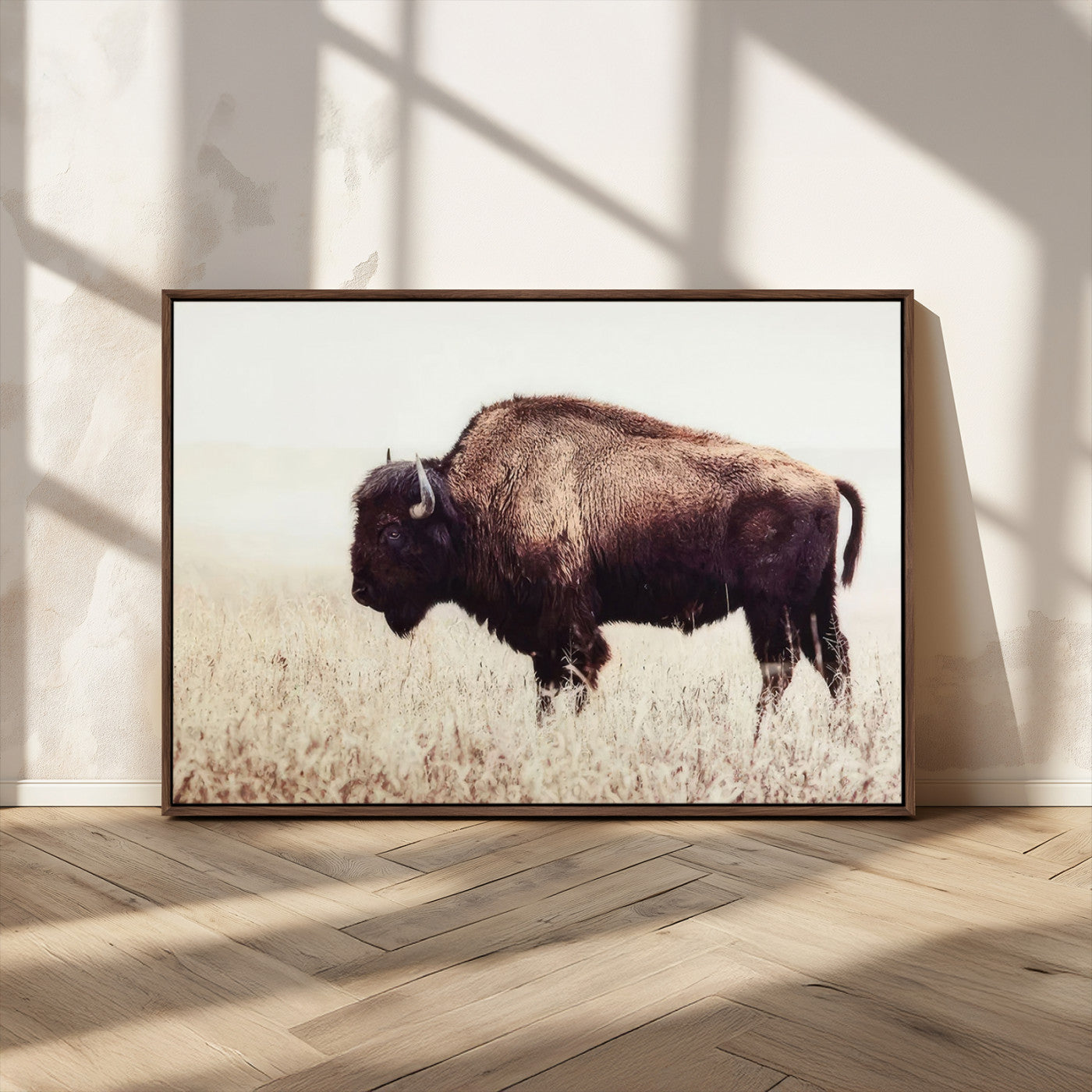 48406-MGV-CV-36X24-American Bison Wall Art – Rustic Buffalo Canvas Print in Prairie Field, Western Wildlife Photography Decor for Cabin, Lodge,