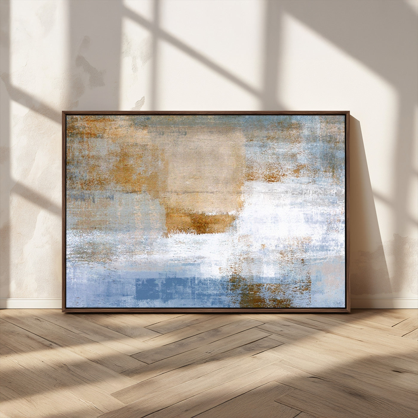 72354-MGV-CV-36X24-Blue and Gold Abstract Wall Art – Modern Minimalist Canvas Print, Textured Contemporary Painting for Living Room, Bedroom, or