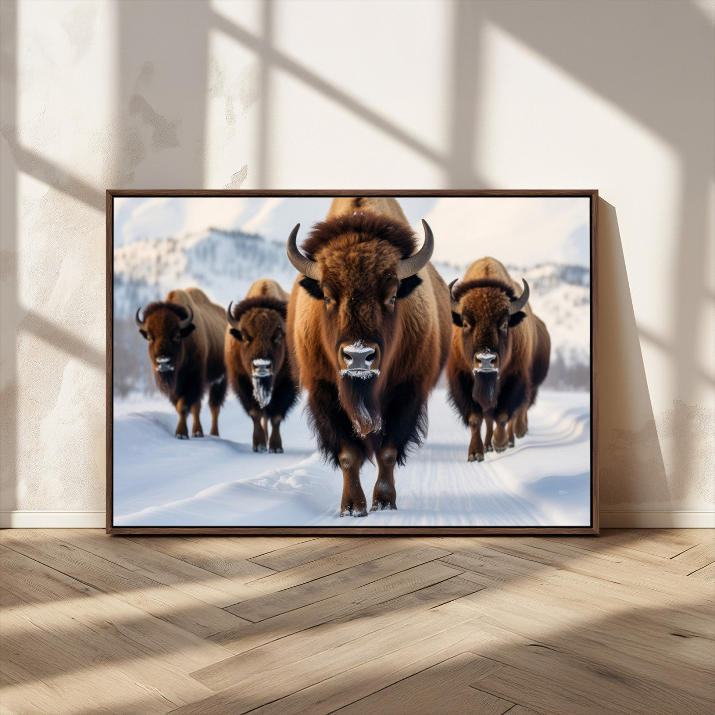 56701-MGV-CV-36X24-Bison Herd Wall Art – Buffalo Walking in Snowy Mountains Canvas Print, Rustic Wildlife Decor for Cabin, Lodge, or Living Room