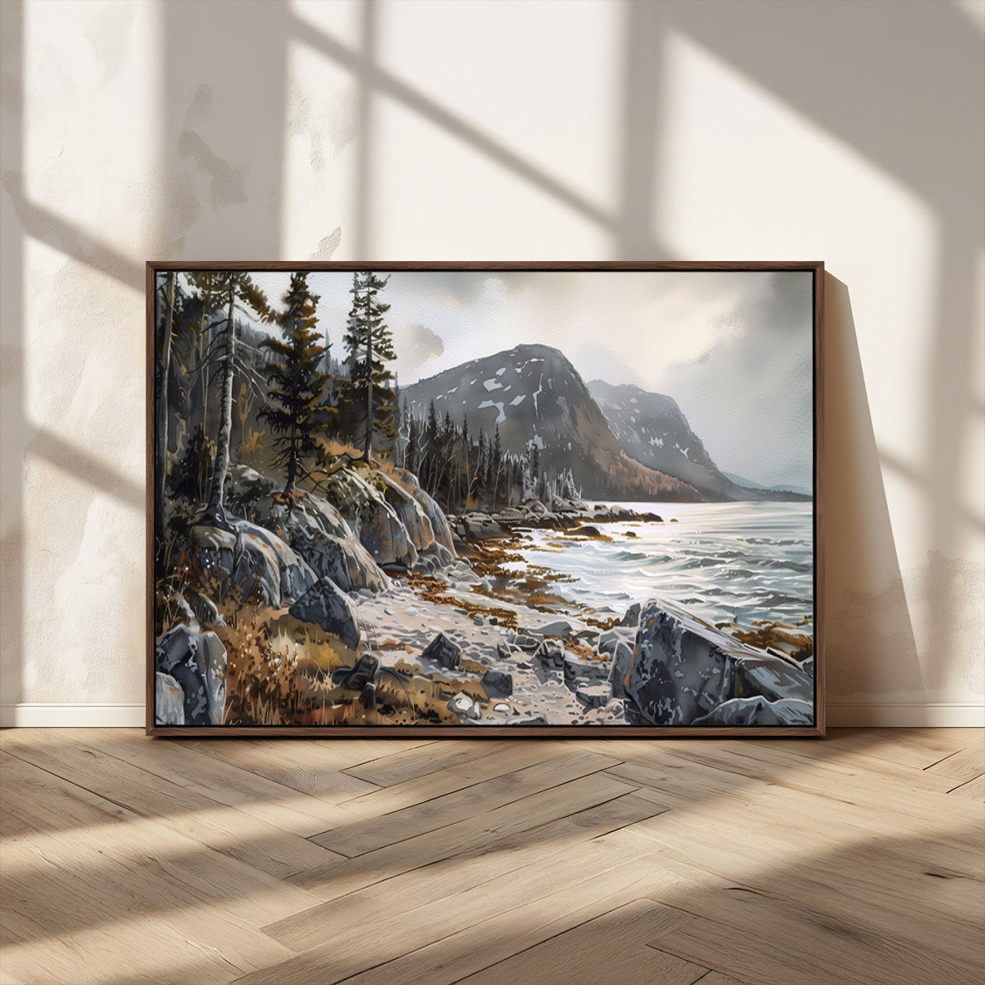 41281-MGV-CV-36X24-Rocky Shoreline Wall Art – Panoramic Mountain Coast and Forest Canvas Print, Rustic Nature Landscape Decor for Cabin, Lodge, or