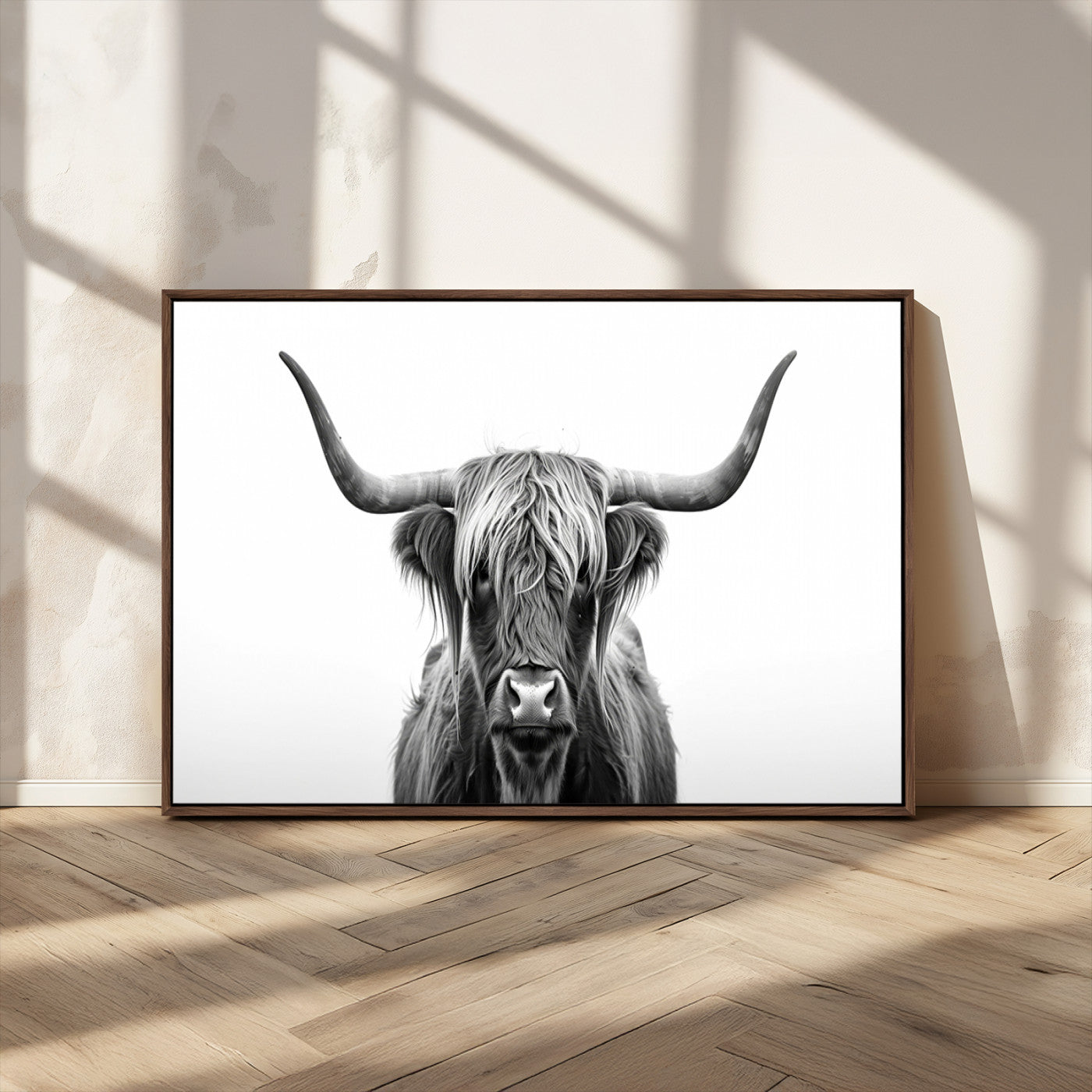 49556-MGV-CV-36X24-Highland Cow Wall Art – Black and White Scottish Highland Cattle Print, Rustic Farmhouse Minimalist Animal Portrait Canvas for