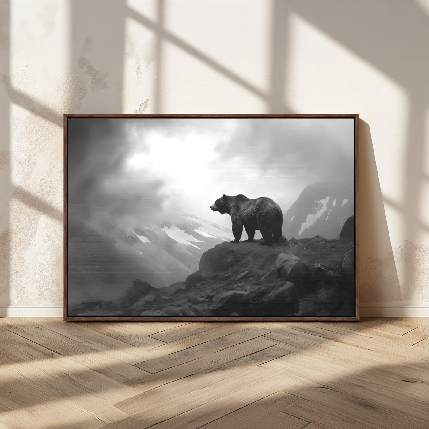 49504-MGV-CV-36X24-Black and White Grizzly Bear Wall Art – Wilderness Wildlife Painting, Rustic Mountain Cabin Decor, Monochrome Animal Print for