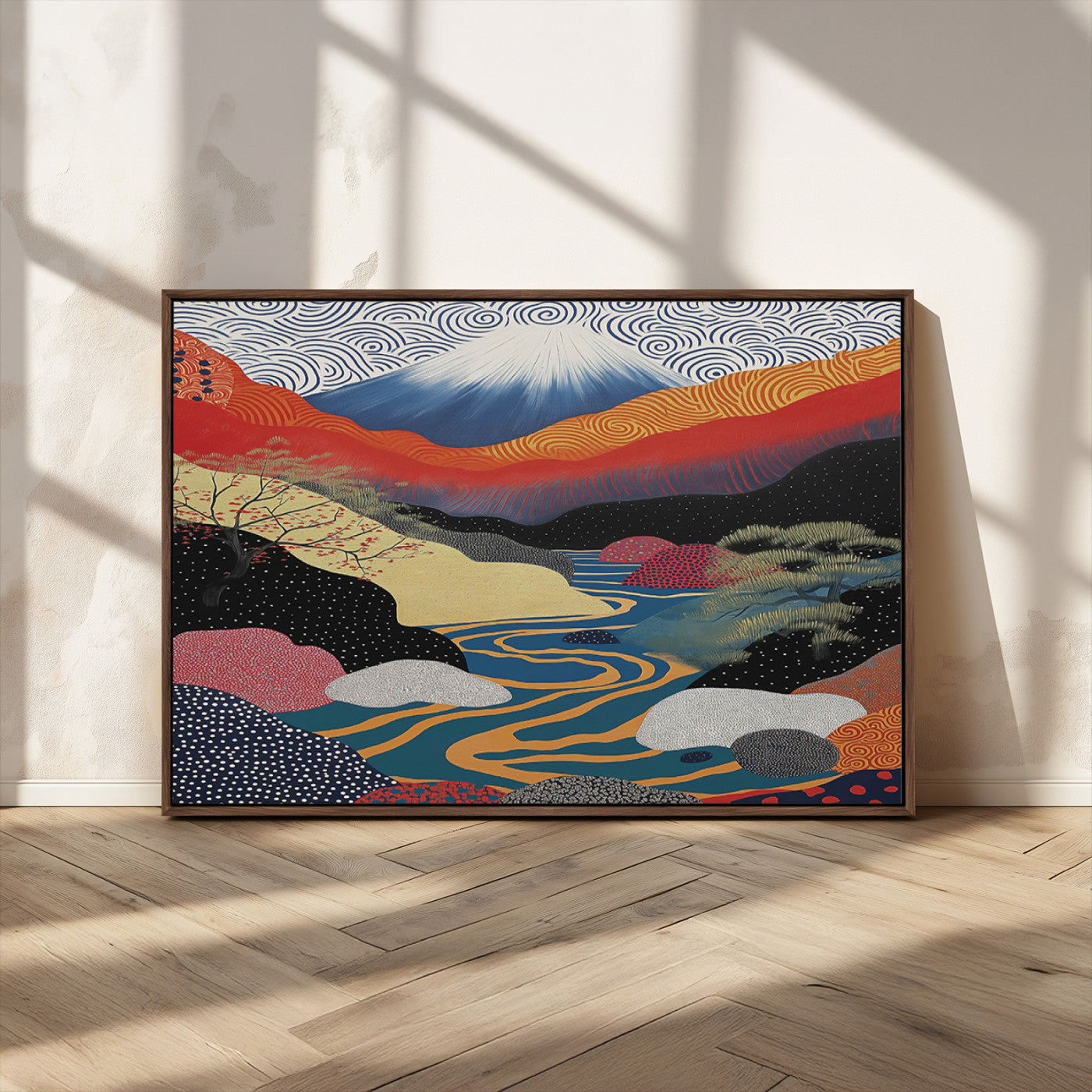 32131-MGV-CV-36X24-Japanese Mount Fuji Wall Art – Abstract Landscape Canvas Print with Swirling Sky & River, Modern Minimalist Asian Inspired Poster