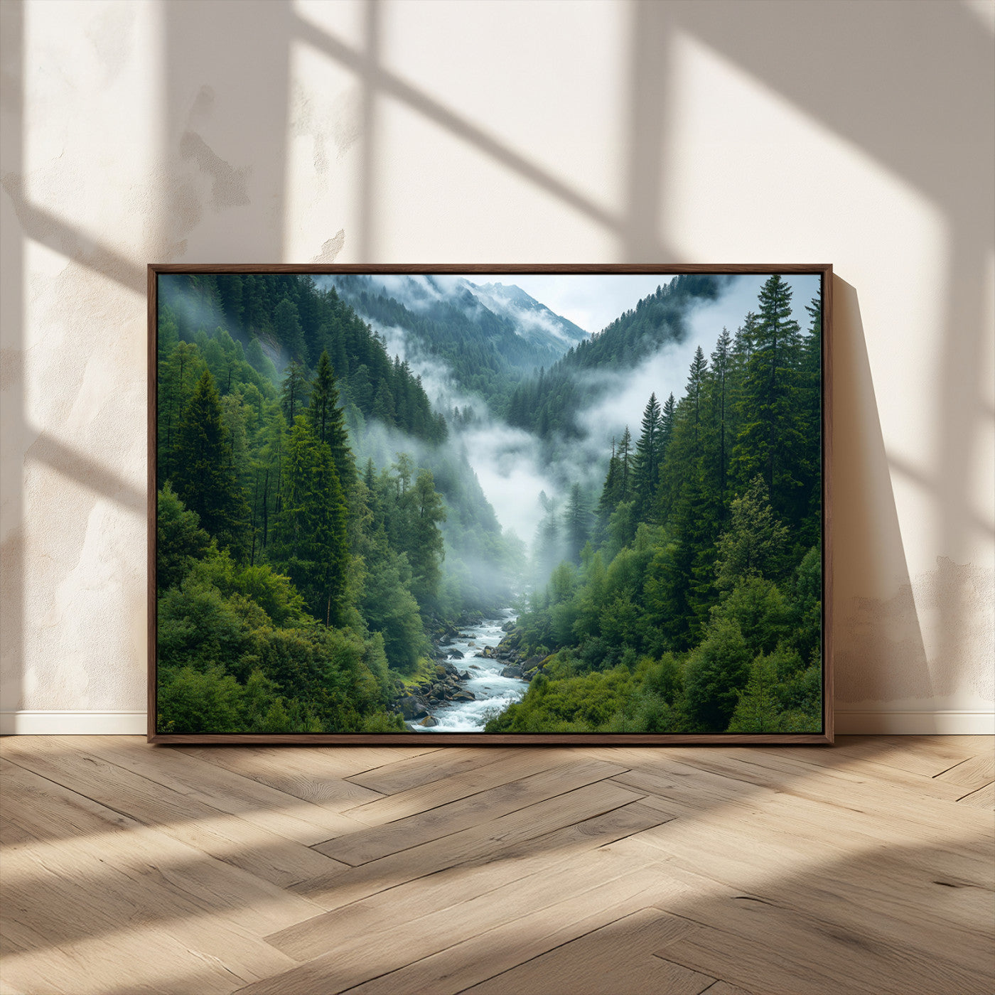 69453-MGV-CV-36X24-Mountain Forest Wall Art – Misty River and Evergreen Landscape Canvas Print, Nature Photography Poster for Living Room, Bedroom,