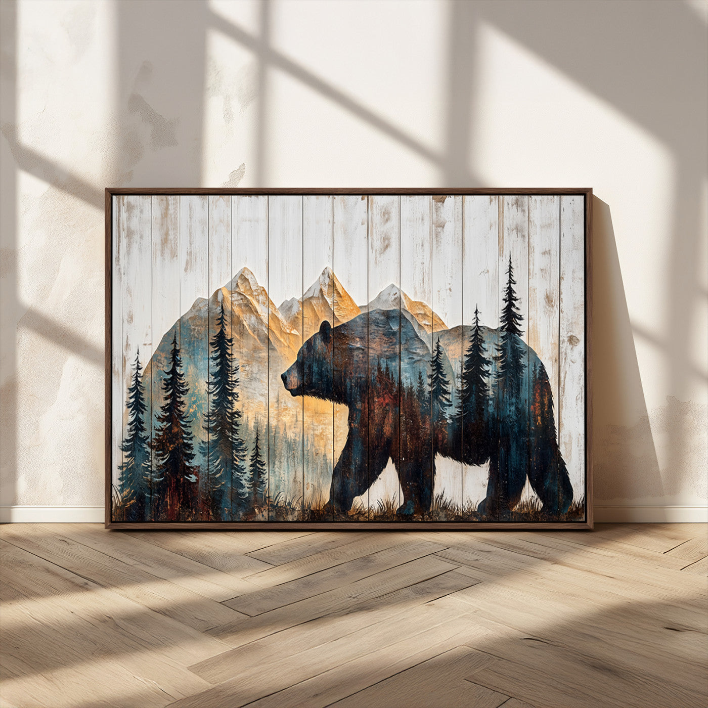 90077-MGV-CV-36X24-Wood Grizzly Bear Wall Art Canvas Print, Framed Abstract Bear Art Picture Print, Bear in Forest Perfect Rustic Lodge Decor Artwork