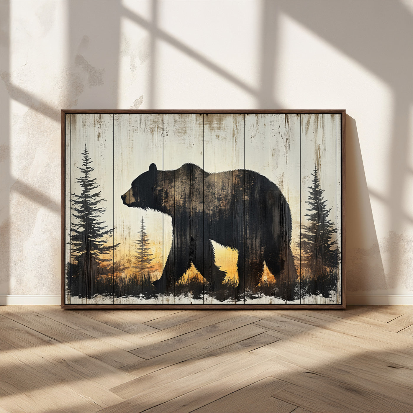 83875-MGV-CV-36X24-Sunset Bear Wall Art – Rustic Wildlife Canvas Print with Forest Silhouette, Cabin Lodge Decor for Living Room or Office