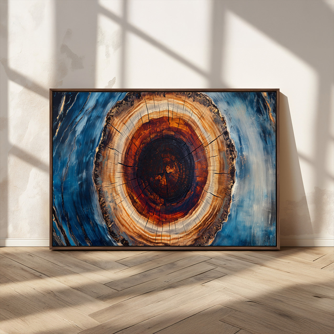 30457-MGV-CV-36X24-Tree Ring Abstract Wall Art – Blue and Brown Wood Grain Canvas Print, Modern Nature Inspired Painting for Rustic Living Room,