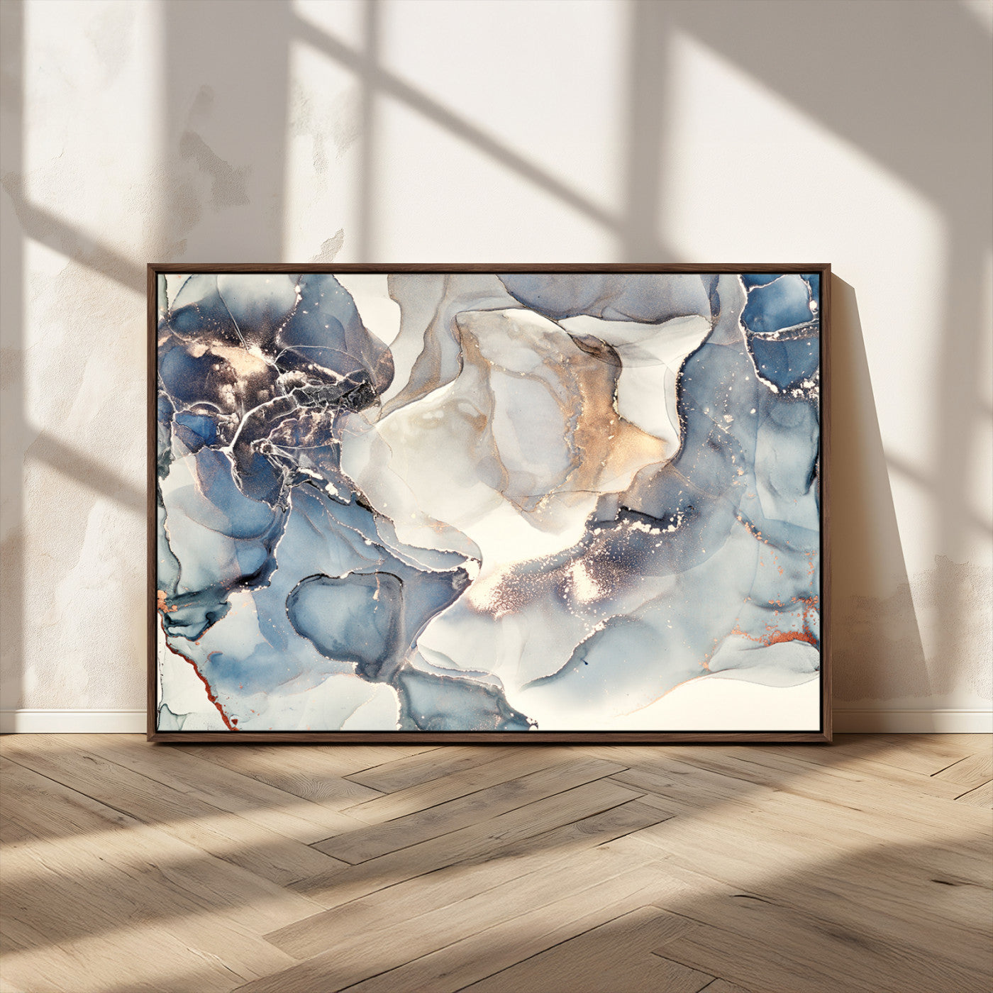 51497-MGV-CV-36X24-Abstract Blue and Gold Wall Art – Modern Fluid Ink Style Canvas Print, Elegant Contemporary Decor for Living Room, Office