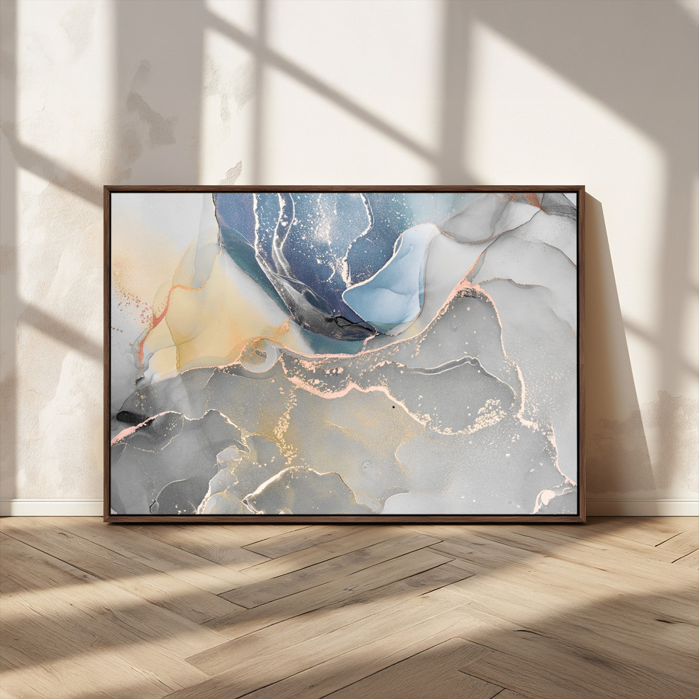 18176-MGV-CV-36X24-Abstract Fluid Wall Art – Modern Marble Ink Canvas Print with Blue, Gold, and Gray Tones, Contemporary Minimal Artwork Decor for