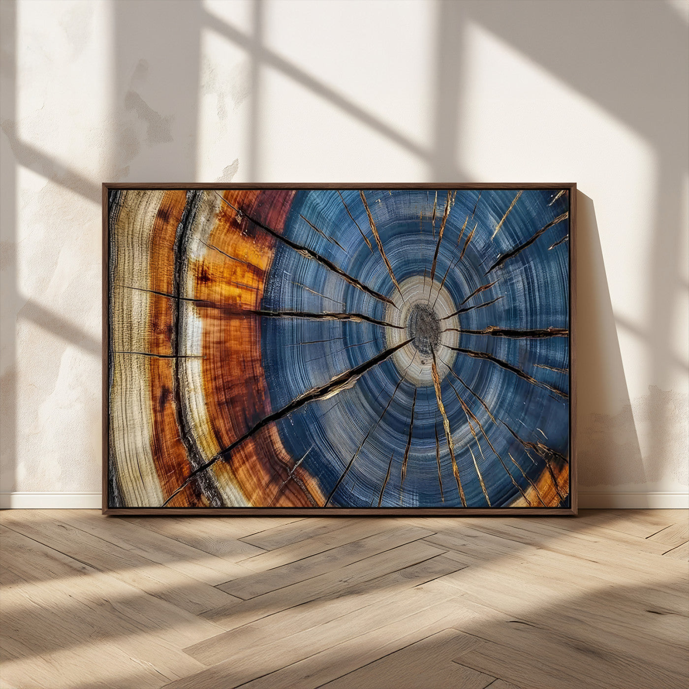 10583-MGV-CV-36X24-Tree Ring Wall Art – Abstract Wood Grain Canvas Print with Blue and Brown Tones, Nature Inspired Rustic Artwork for Living Room,
