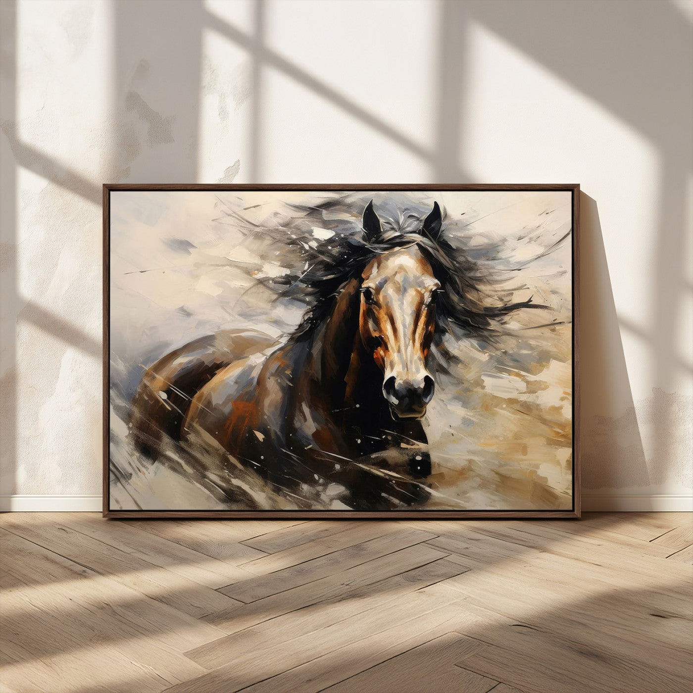 53001-MGV-FC-36X24_Walnut-Wild Horse Wall Art – Majestic Stallion Canvas Print with Flowing Mane, Rustic Western Style Painting for Living Room, Office or