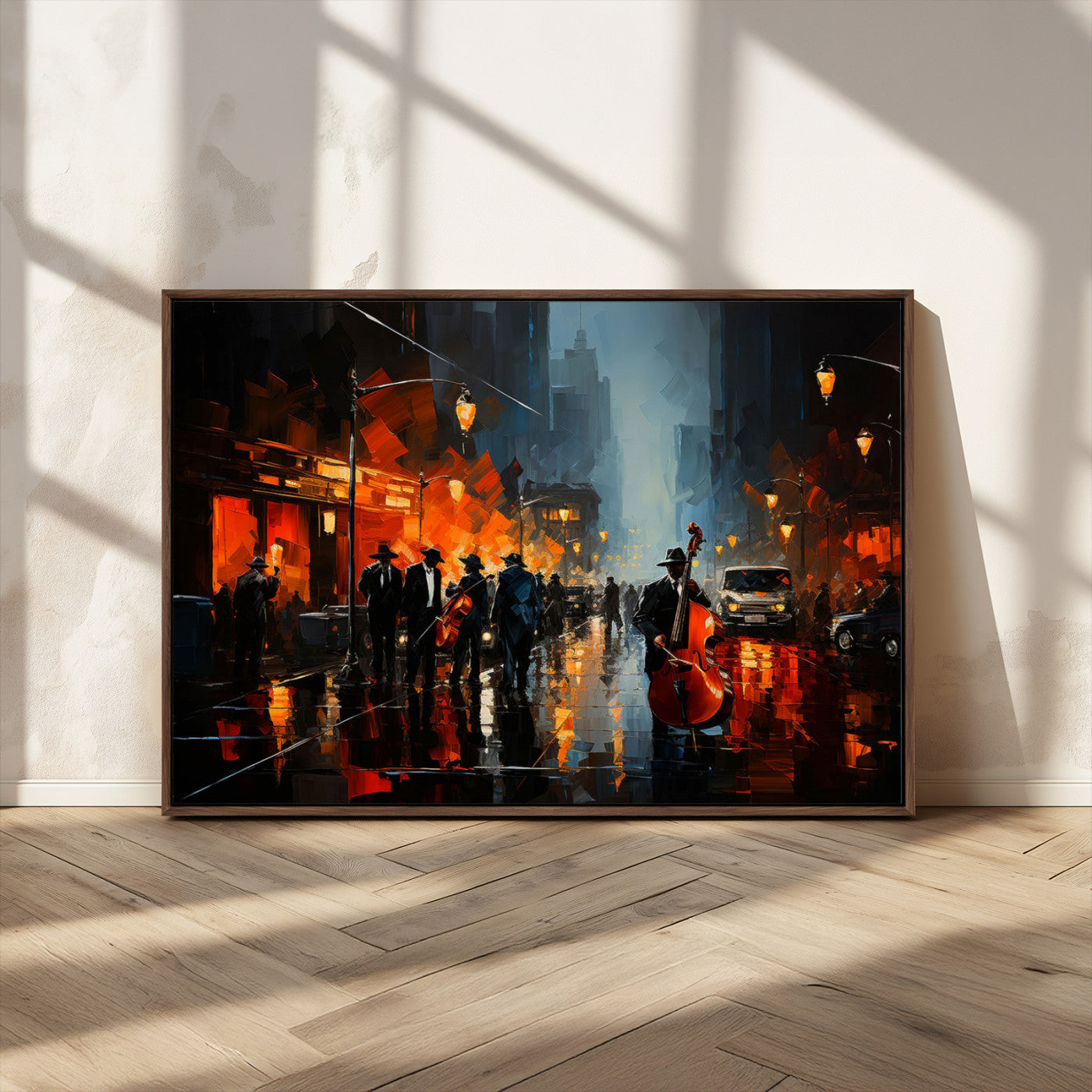32816-MGV-FC-36X24_Walnut-City Jazz Night Wall Art – Modern Abstract Urban Street Scene Canvas Print, Moody Music-Themed Decor for Living Room, Office, or