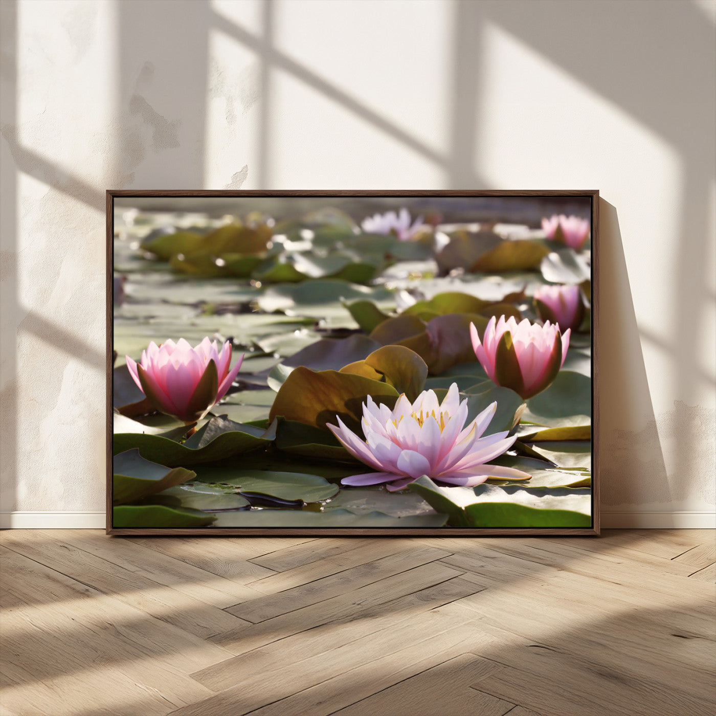 72218-MGV-FC-36X24_Walnut-Water Lily Pond Wall Art – Pink Lotus Flowers Canvas Print with Green Lily Pads, Peaceful Botanical Artwork for Living Room,