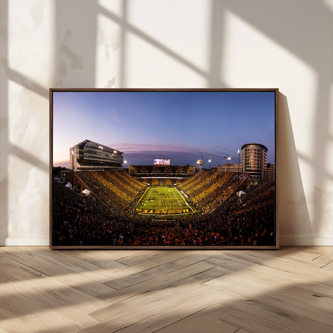 82557-MGV-CV-36X24-College Football Stadium Wall Art – Panoramic Sunset Canvas Print with Marching Band and Game Day Crowd, Sports Artwork for Man