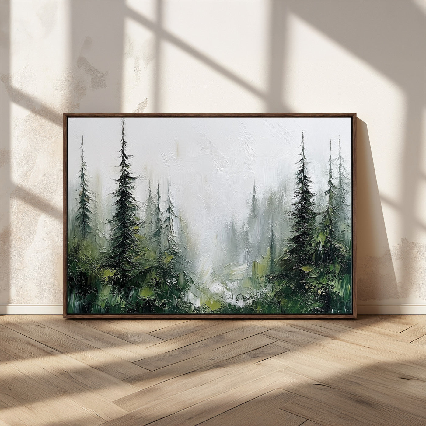 76014-MGV-CV-36X24-Forest Wall Art – Textured Canvas Print Featuring Misty Evergreen Pines and Woodland Landscape, Rustic Nature Artwork for Living