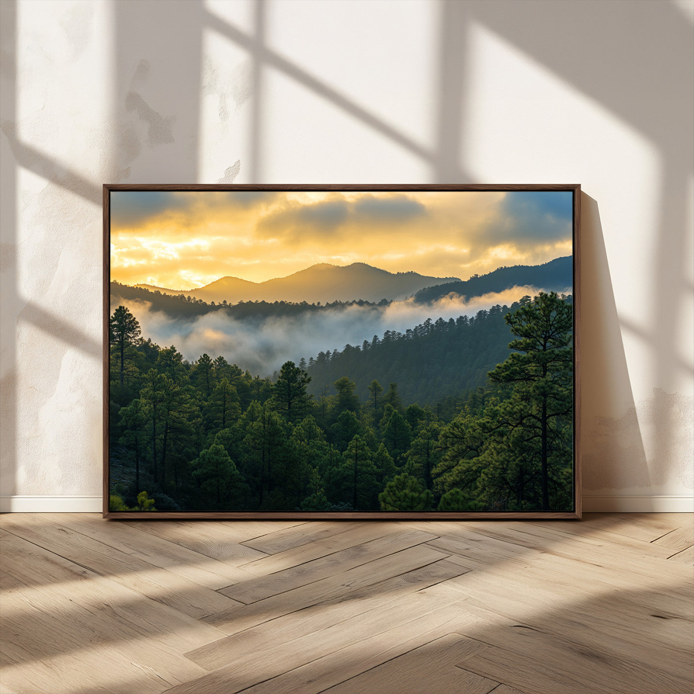 68082278-MGV-CV-36X24-Mountain Sunrise Wall Art Canvas Print, Framed Pine Forest Art Picture Print, Misty Mountains Perfect Earthy Woodland Decor