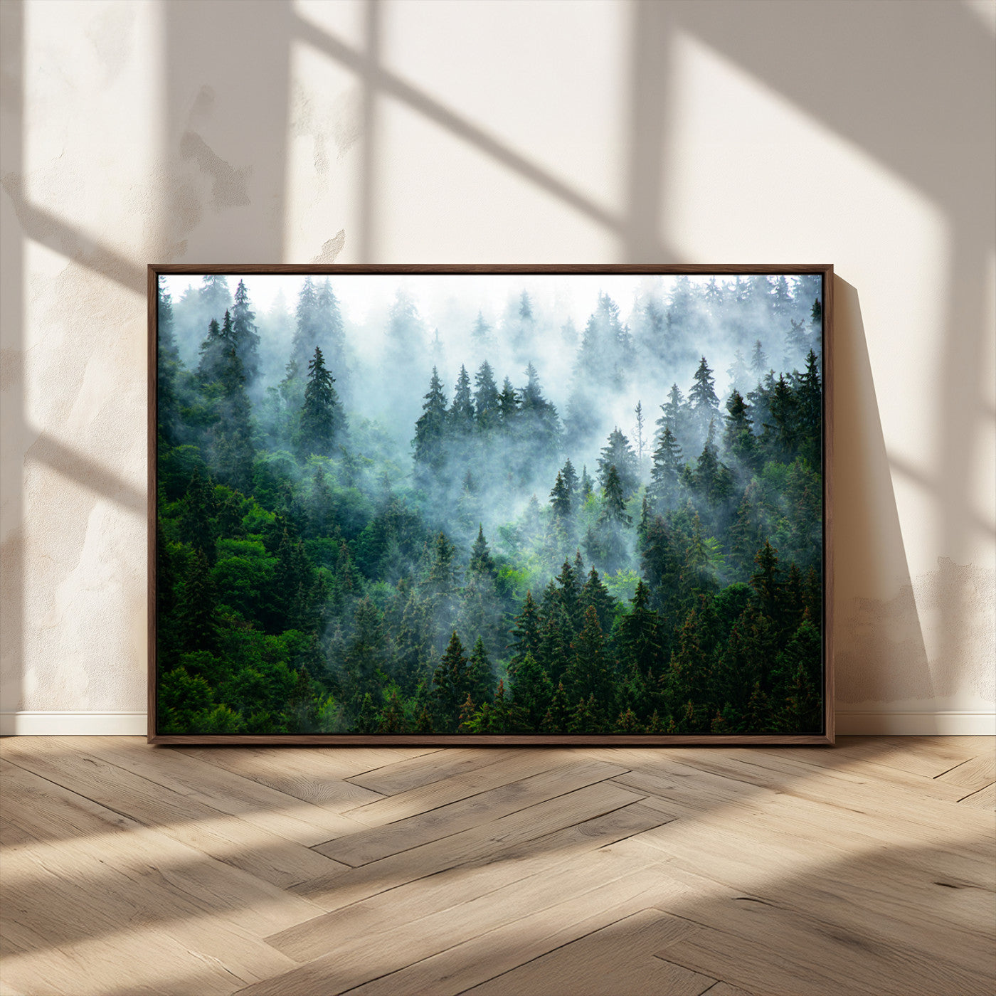 17393683-MGV-CV-36X24-Misty Forest Art Wall Art Canvas Print, Framed Foggy Mountain Art Art Picture Print, Scenic Wall Print Perfect Decor Artwork
