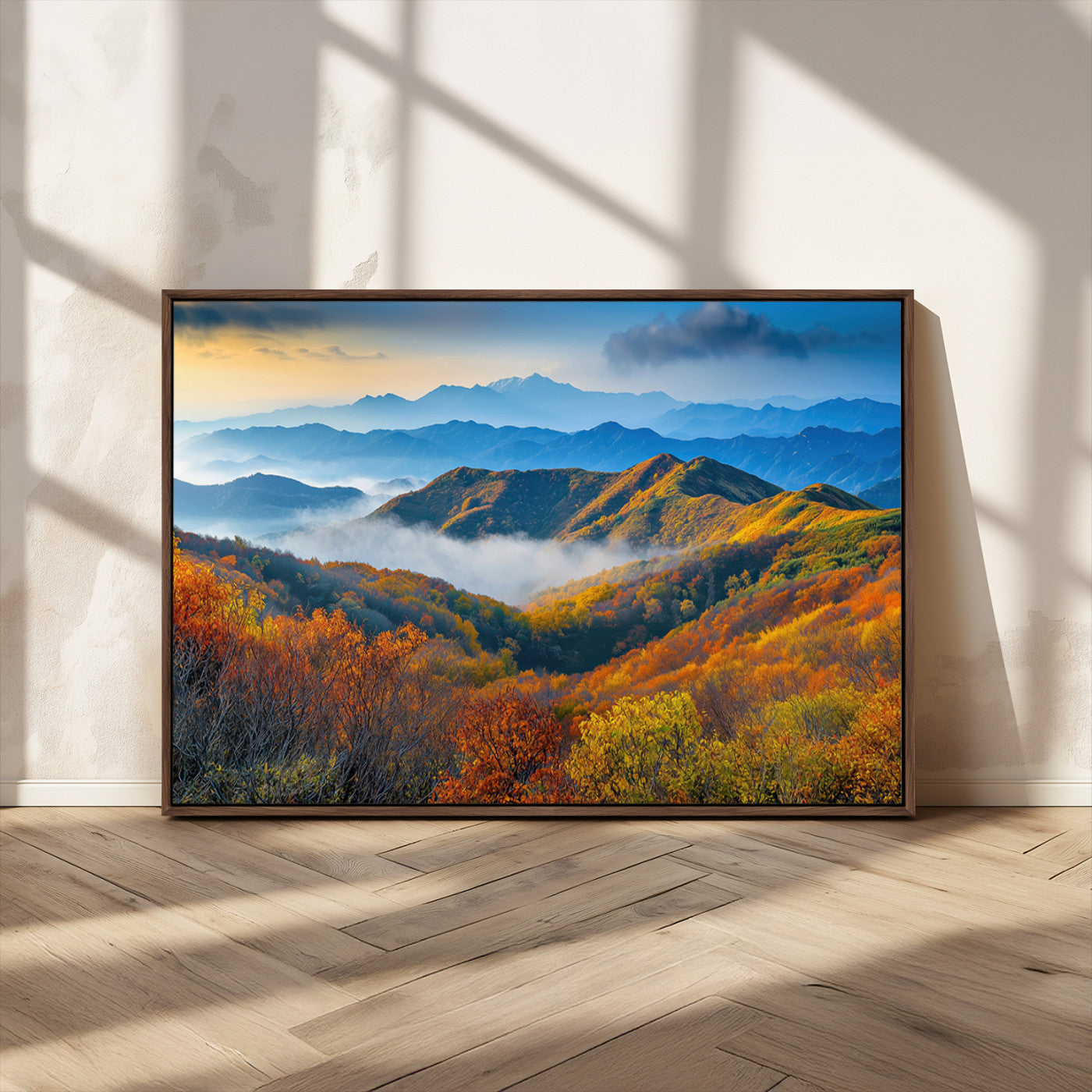 86772247-MGV-FC-36X24_Walnut-Autumn Mountains Wall Art Canvas Print, Framed Fall Foliage Art Picture Print, Vibrant Hills Perfect Vibrant Nature Decor Artwork