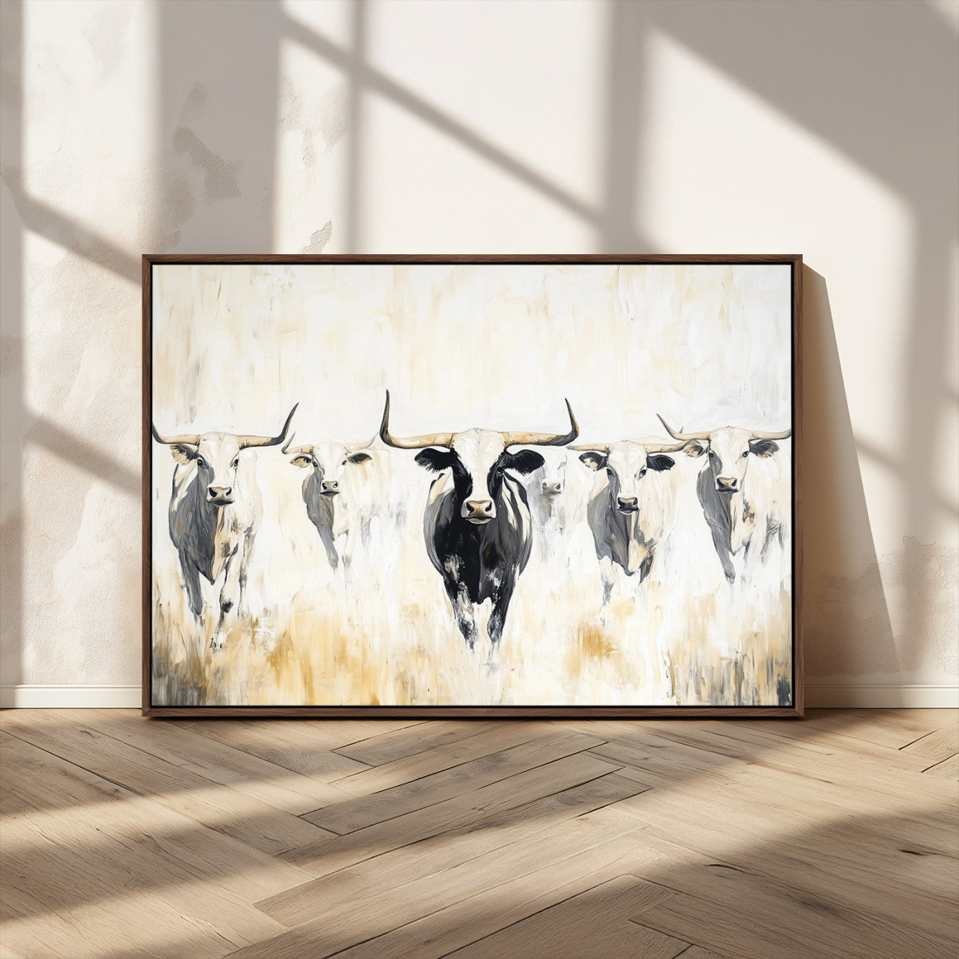 40397799-MGV-FC-36X24_Walnut-Texas Longhorn Wall Art Canvas Print, Framed Rustic Herd Art Picture Print, Western Bull Perfect Neutral Western Decor Artwork
