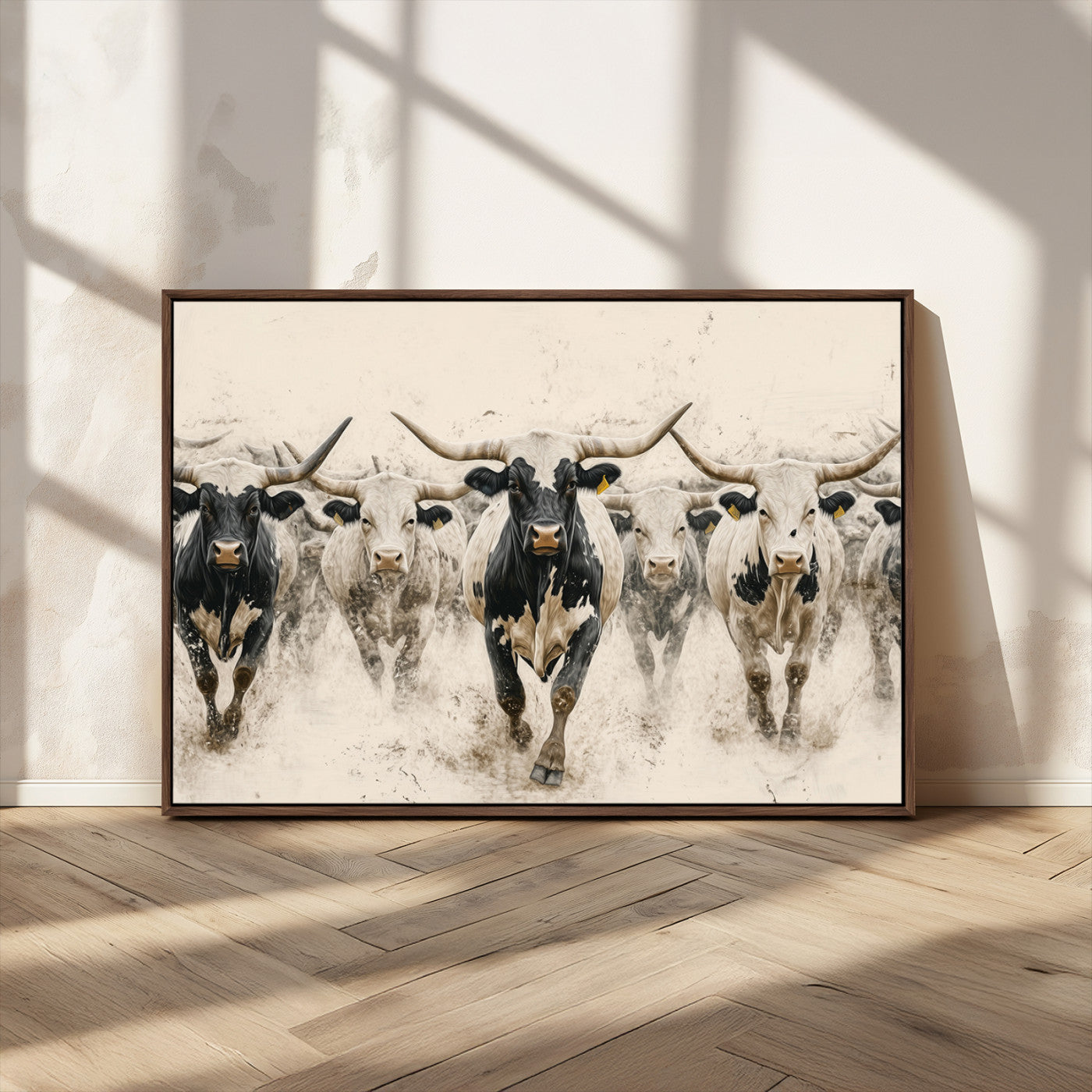 61538944-MGV-CV-36X24-Texas Longhorn Wall Art Canvas Print, Framed Cattles Walking Art Picture Print, Black White Bulls Perfect Rustic Western Decor