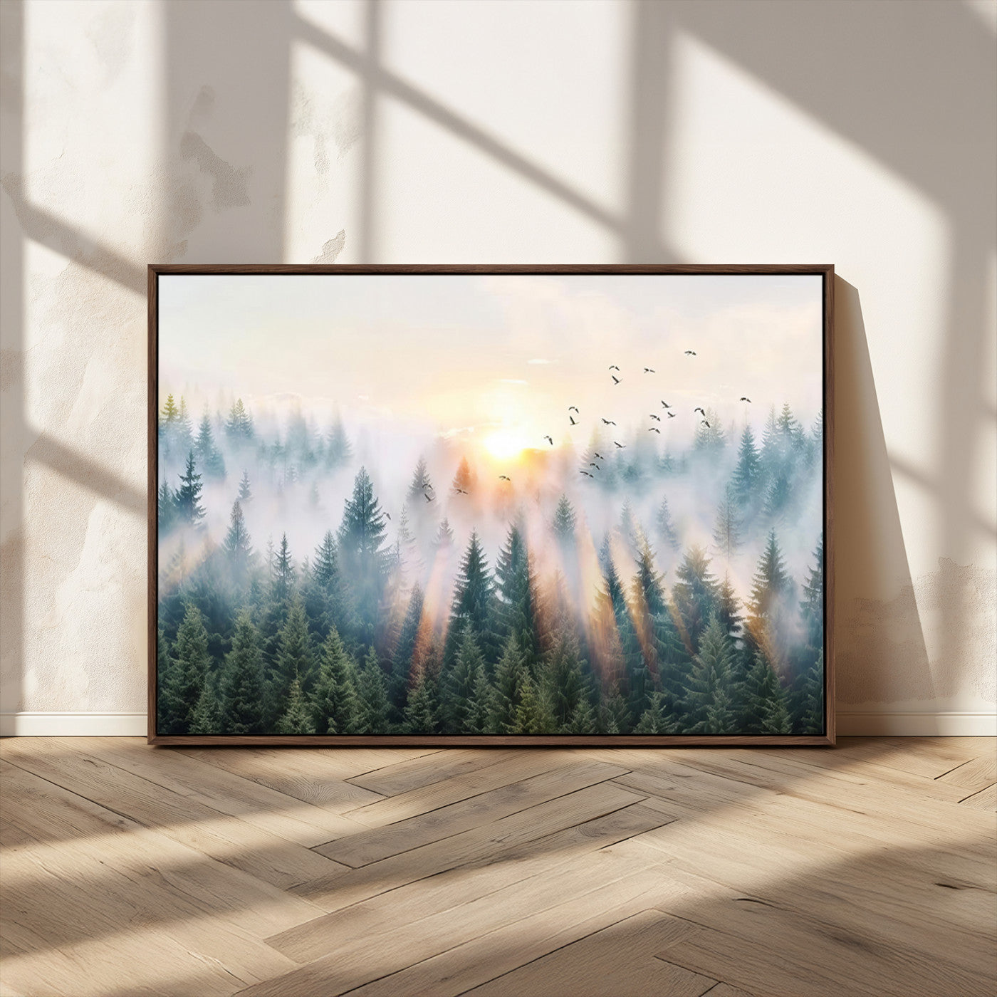 92718976-MGV-CV-36X24-Misty Forest Wall Art Canvas Print, Framed Sunrise Pines Art Picture Print, Foggy Woodland Perfect Moody Woodland Decor Artwork