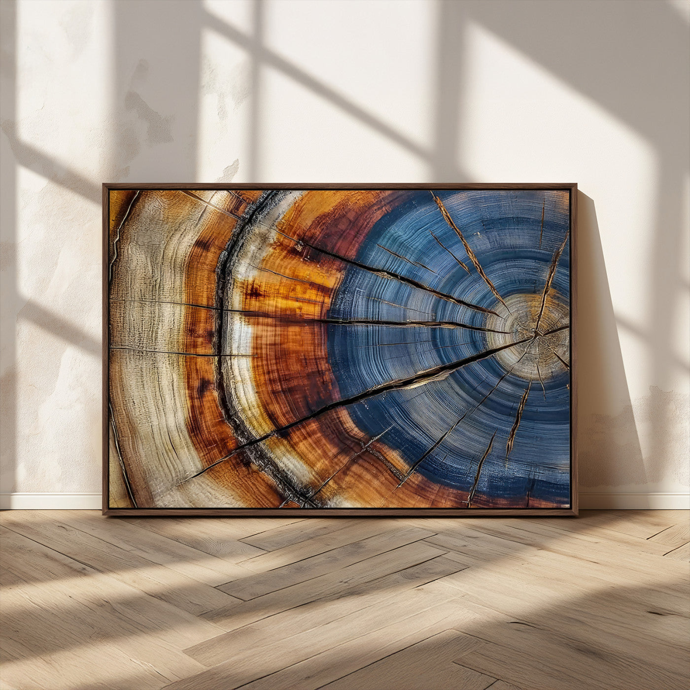 18032999-MGV-CV-36X24-Tree Ring Wall Art – Blue Brown Abstract Wood Slice Canvas Print, Rustic Modern Nature Decor for Living Room, Office, Bedroom or