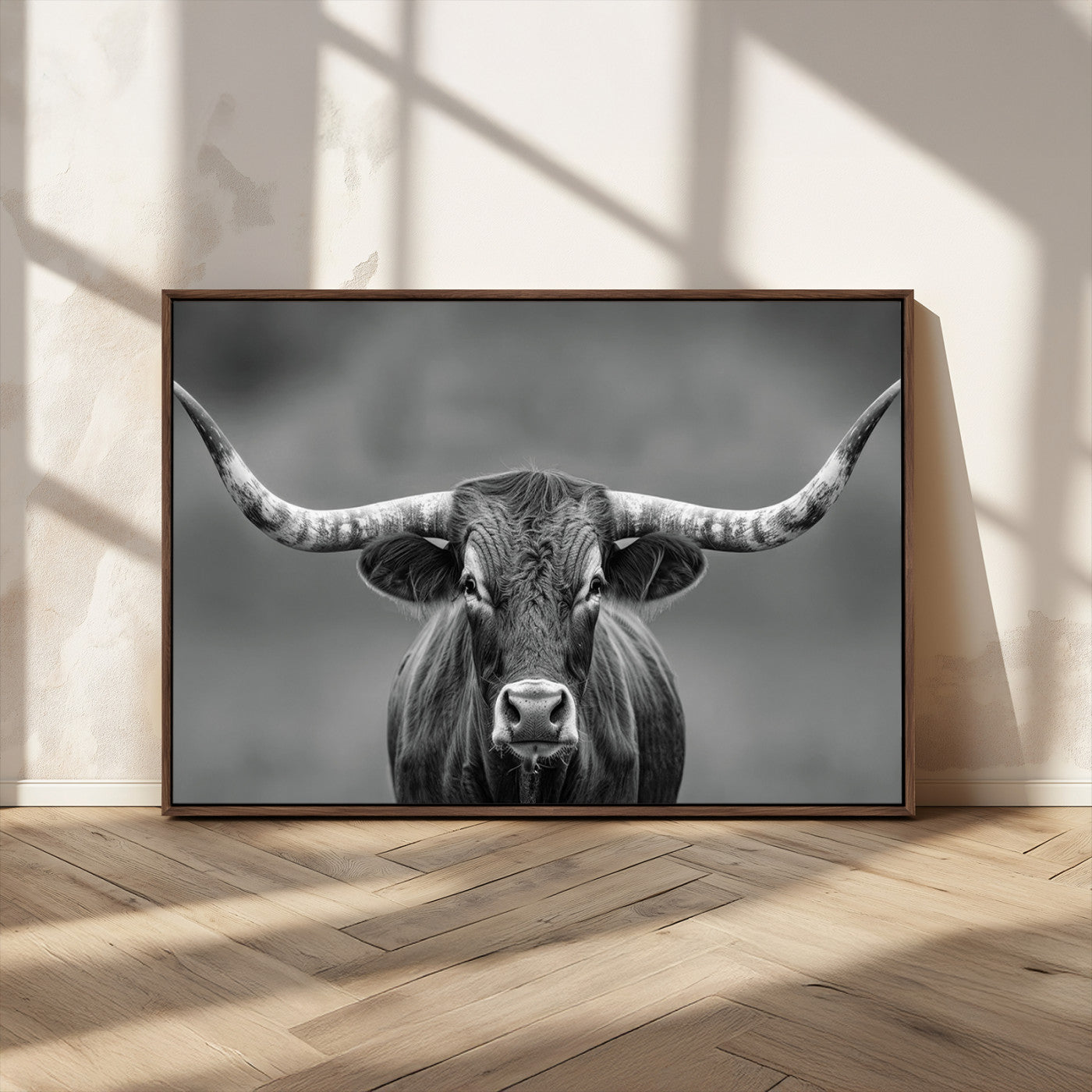 81228550-MGV-CV-36X24-Framed Texas Longhorn Bull Art Canvas Print, Western Bull Wall Art Print, Long Horn Bull Photo Print for Log Cabin, Large Bull