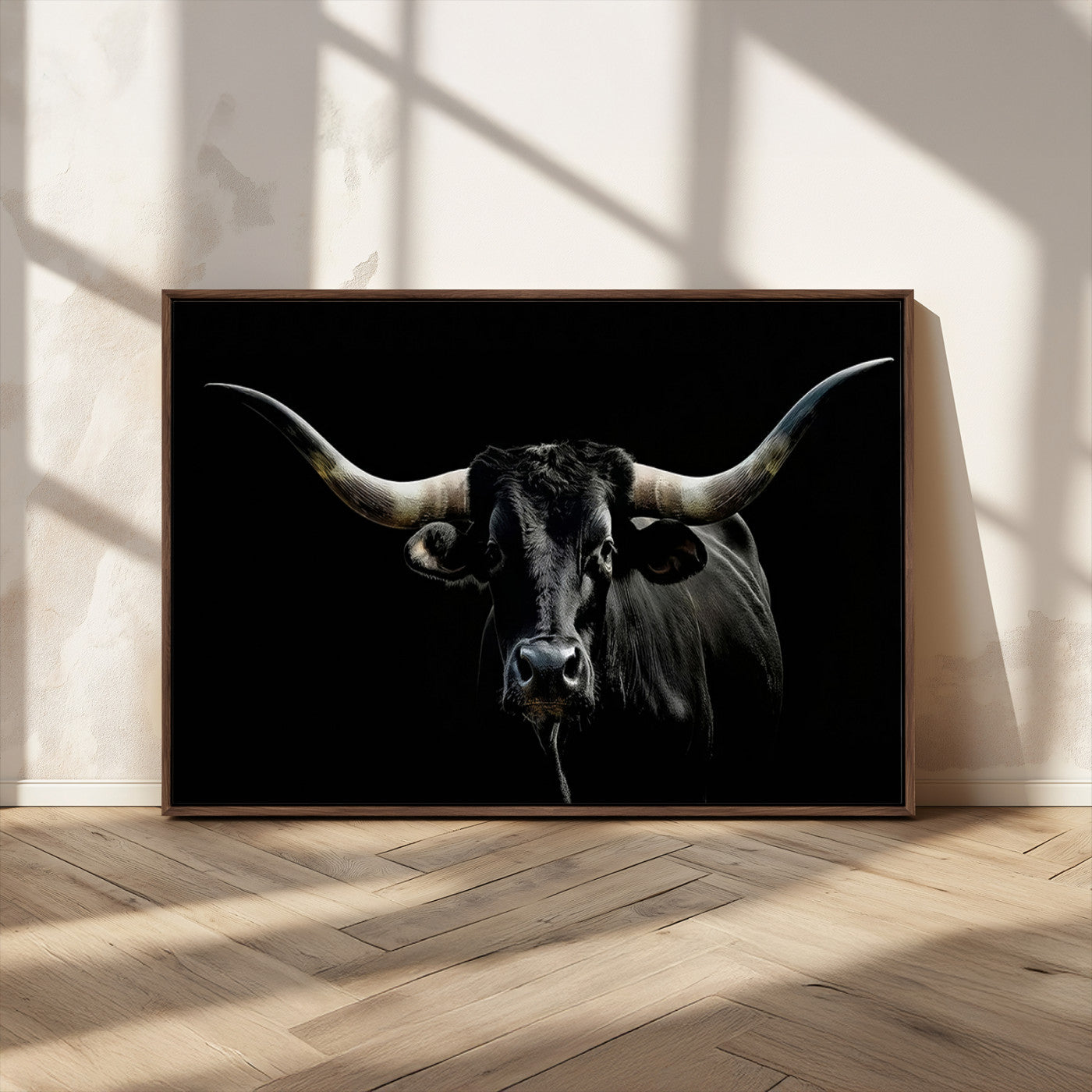 37531960-MGV-CV-36X24-Black Longhorn Bull Wall Art – Dramatic Western Cattle Canvas Print, Rustic Farmhouse Animal Artwork for Living Room, Bedroom,