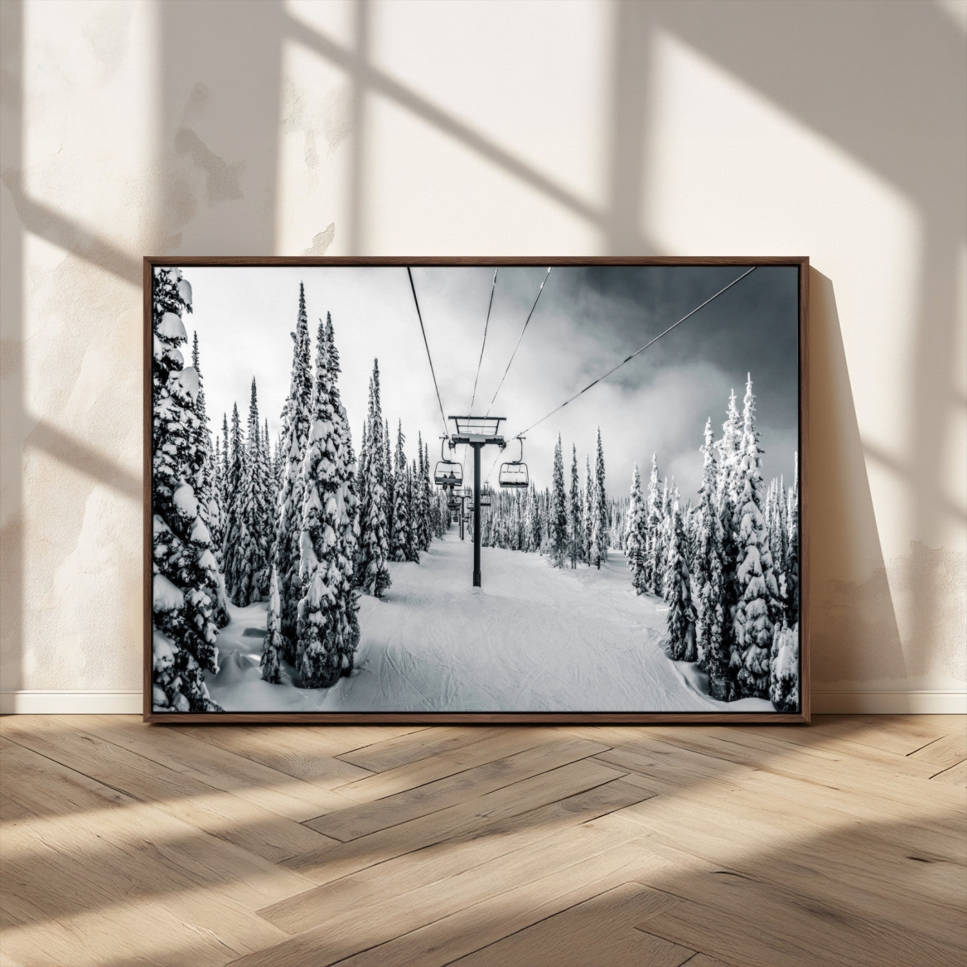 31156828-MGV-CV-36X24-Snowy Pines Wall Art Canvas Print, Framed Ski Lift Art Picture Print, Winter Forest Perfect Moody Lodge Decor Artwork