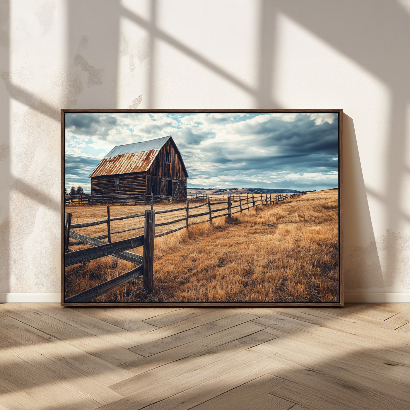 69356982-MGV-FC-36X24_Walnut-Old Barn Wall Art Canvas Print, Framed Rustic Fence Art Picture Print, Wooden Farmhouse Perfect Rustic Farmhouse Decor Artwork