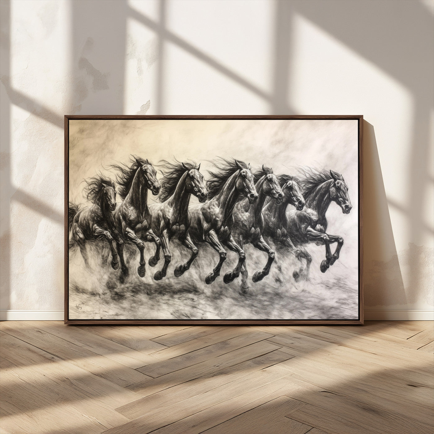 56089591-MGV-CV-36X24-Galloping Horses Wall Art Canvas Print, Framed Wild Stallions Art Picture Print, Horse Herd Sketch Perfect Monochrome Dynamic