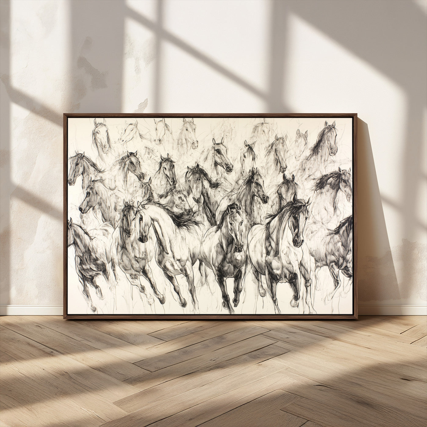 19433417-MGV-FC-36X24_Walnut-Running Horses Wall Art Canvas Print, Framed Horse Sketch Art Picture Print, Galloping Herd Perfect Monochrome Western Decor