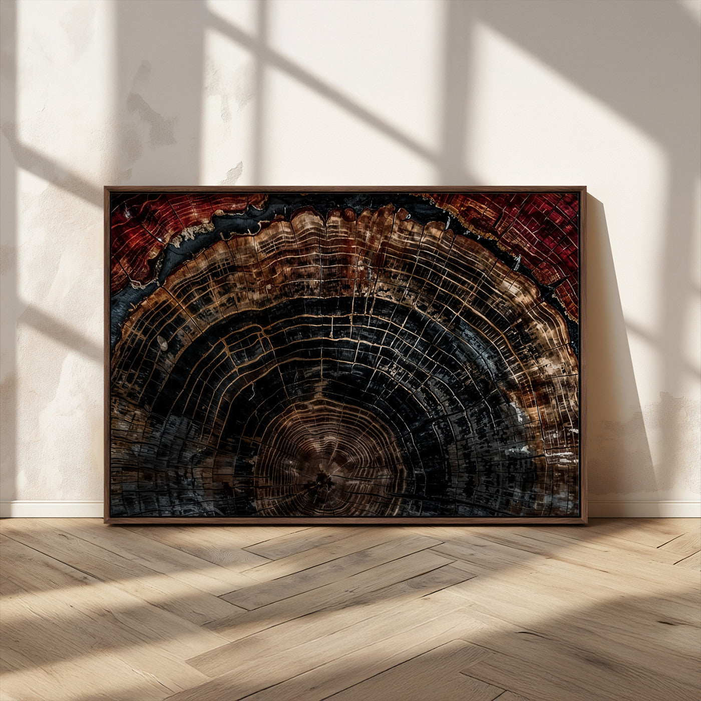 43686762-MGV-CV-36X24-Dark Wood Ring Wall Art Canvas Print, Framed Abstract Wood Tree Art Picture Print, Rustic Tree Slice Perfect Rustic Decor Artwork