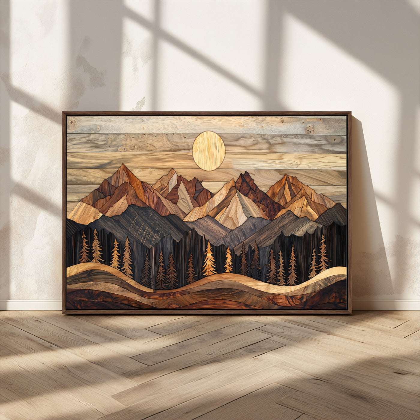 50100230-MGV-FC-36X24_Walnut-Wooden Mountain Wall Art – Rustic Nature Landscape Canvas Print, Handmade Style Sun, Forest, and Peaks Artwork for Living Room,