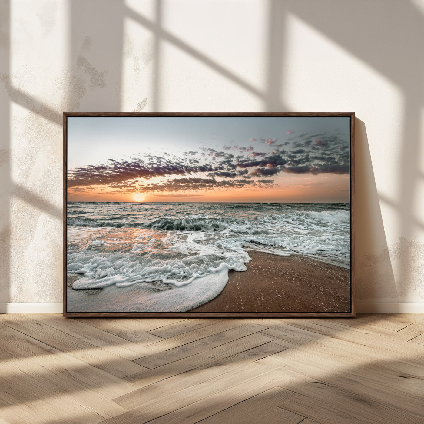 40632752-MGV-CV-36X24-Ocean Sunset Wall Art Canvas Print, Framed Beach Waves Art Picture Print, Coastal Scene Perfect Coastal Decor Artwork