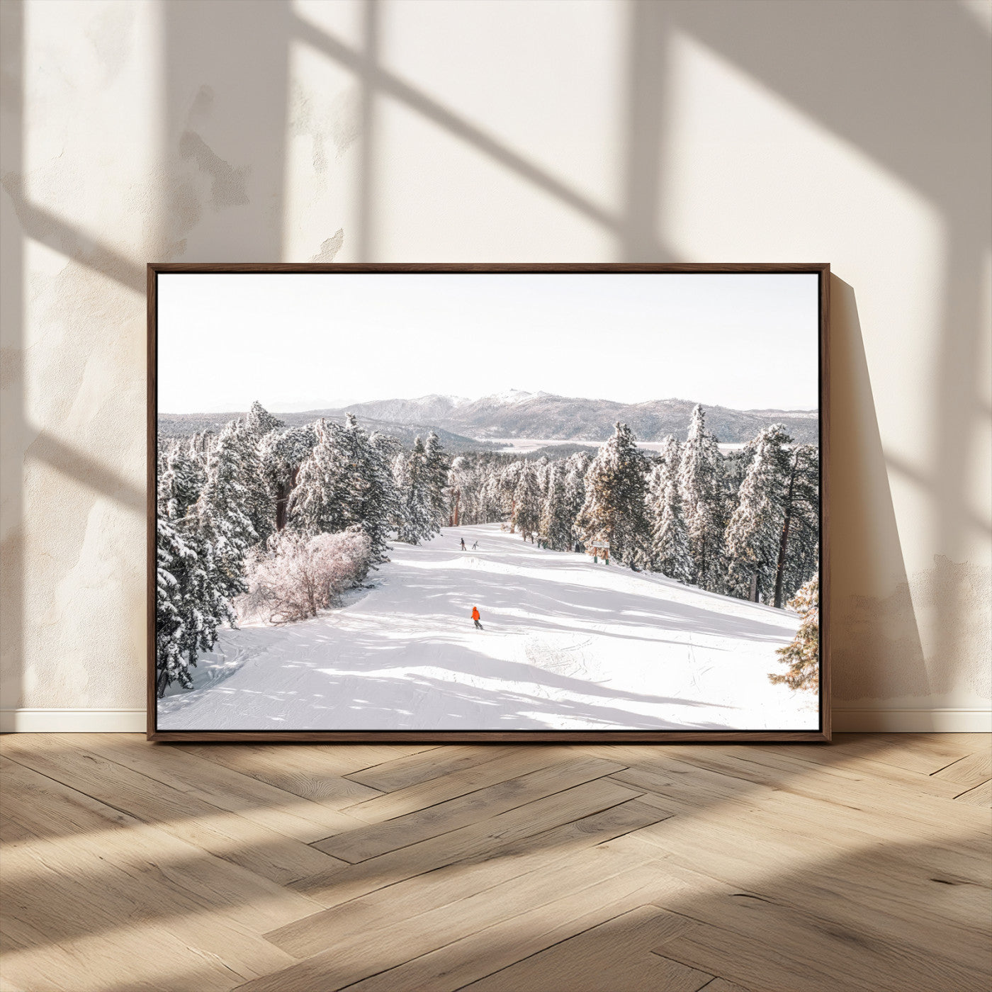 62119206-MGV-FC-36X24_Walnut-Snowy Trail Wall Art Canvas Print, Framed Ski Slope Art Picture Print, Winter Pines Perfect Alpine Adventure Decor Artwork