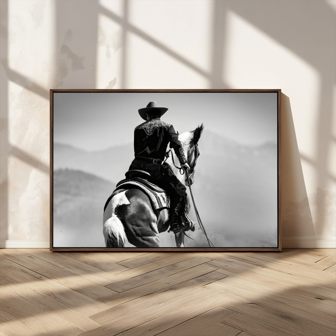 83102464-MGV-CV-36X24-Western Cowboy Wall Art Canvas Print, Framed Monochrome Horse Art Picture Print, Western Equestrian Perfect Rustic Western Decor