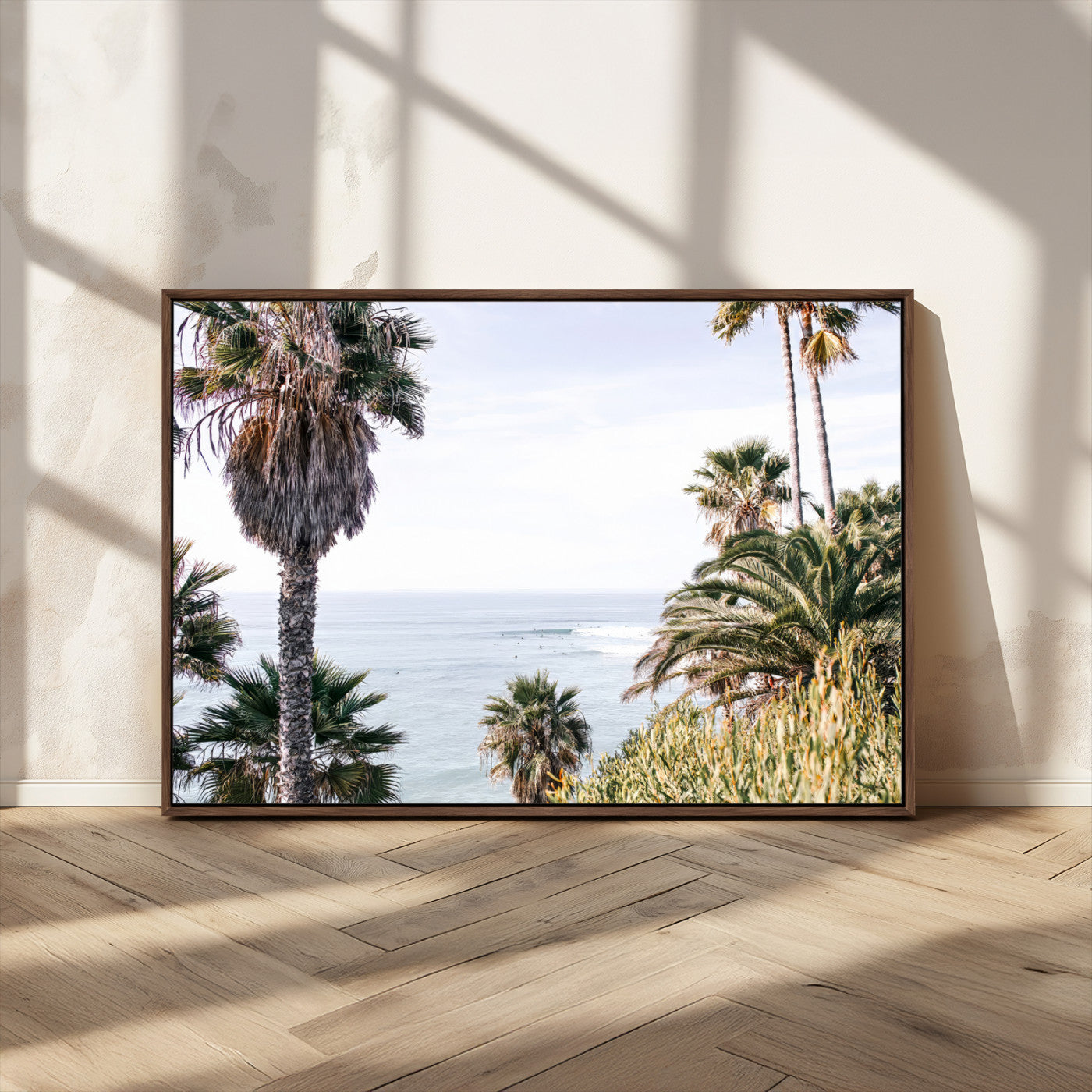 51404565-MGV-FC-36X24_Walnut-Palm Trees Wall Art Canvas Print, Framed Ocean Breeze Art Picture Print, Coastal View Perfect Tropical Coastal Decor Artwork