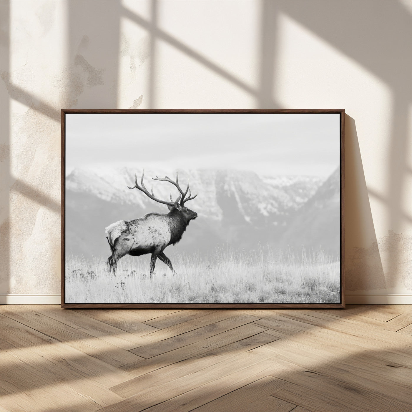 62278753-MGV-CV-36X24-Monochrome Elk Wall Art Canvas Print, Framed Mountain Wildlife Art Picture Print, Rustic Nature Perfect Rustic Minimalist Decor