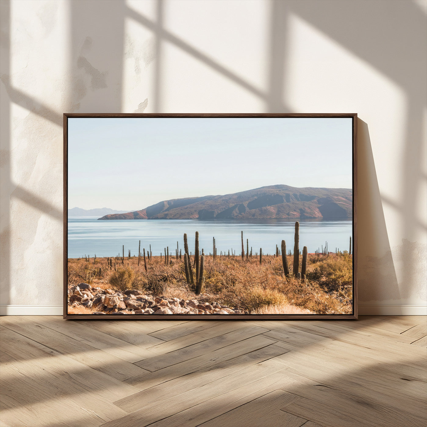 45193515-MGV-CV-36X24-Desert Cactus Wall Art Canvas Print, Framed Baja Coastline Art Picture Print, Coastal Desert Perfect Southwestern Minimalist Decor