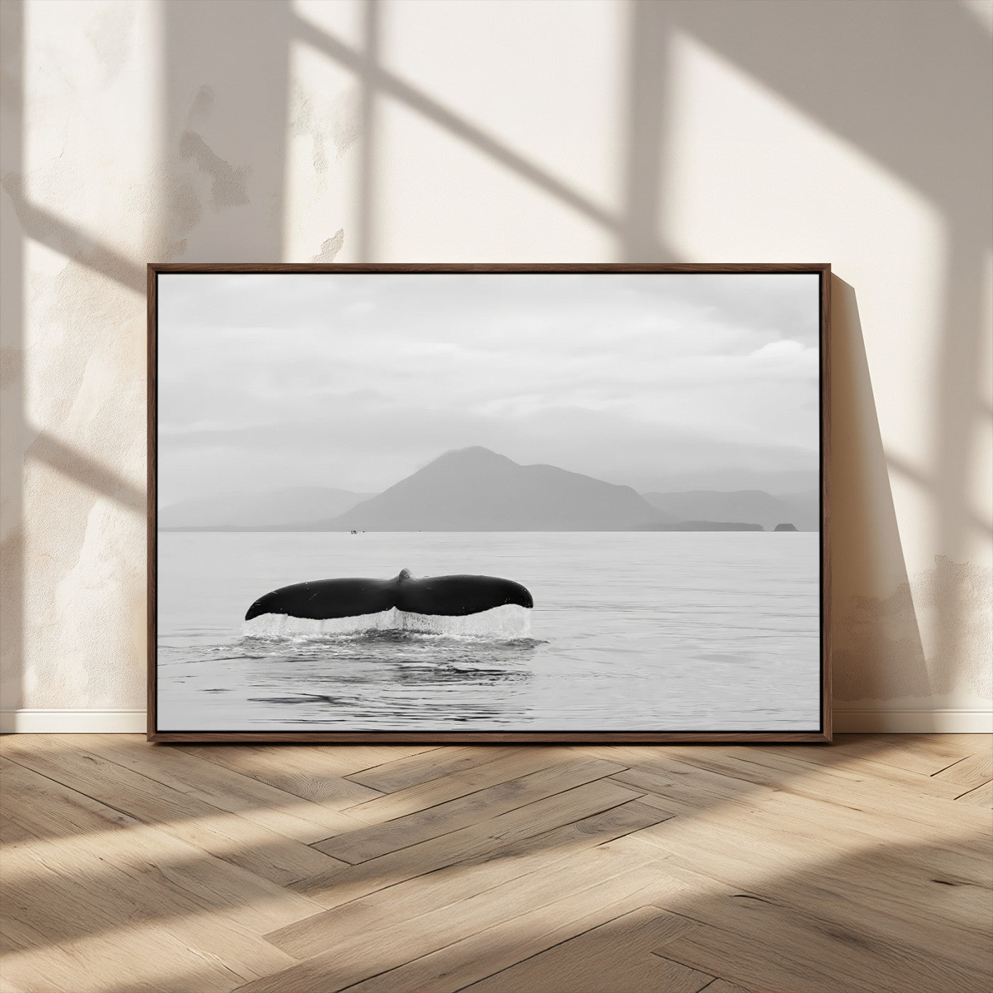 30524220-MGV-CV-36X24-Whale Tail Wall Art Canvas Print, Framed Black White Ocean Art Picture Print, Calm Marine Perfect Minimalist Coastal Decor Artwork