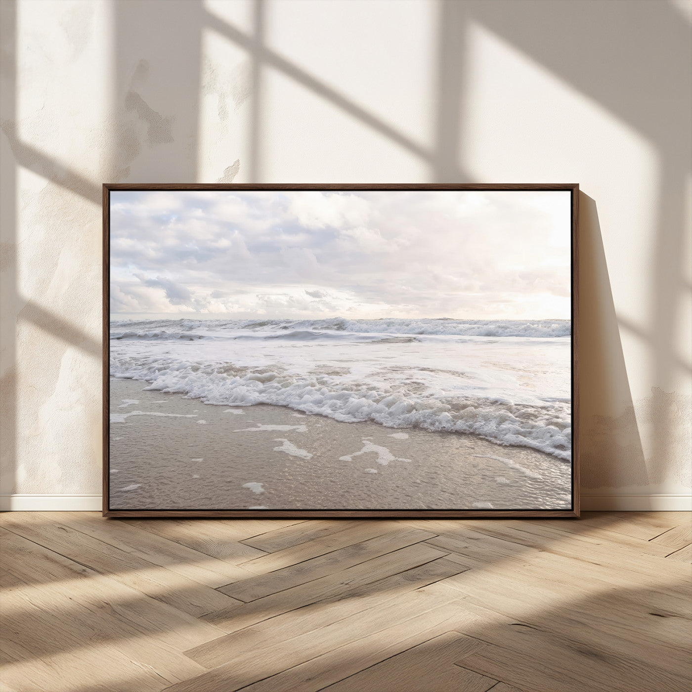 70596264-MGV-FC-36X24_Walnut-Ocean Waves Wall Art Canvas Print, Framed Coastal Shoreline Art Picture Print, Sea Foam Perfect Coastal Minimalist Decor Artwork