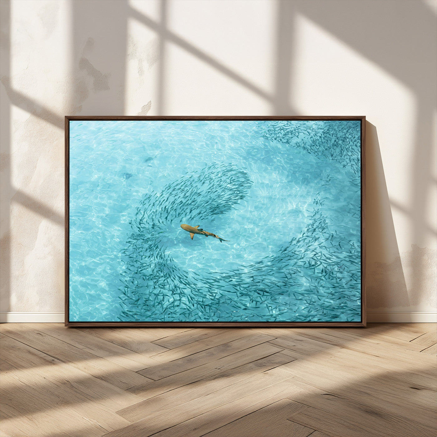 43671474-MGV-FC-36X24_Walnut-Fish Swarm Wall Art Canvas Print, Framed Marine Life Art Picture Print, Shark Aerial Perfect Wildlife Coastal Decor Artwork